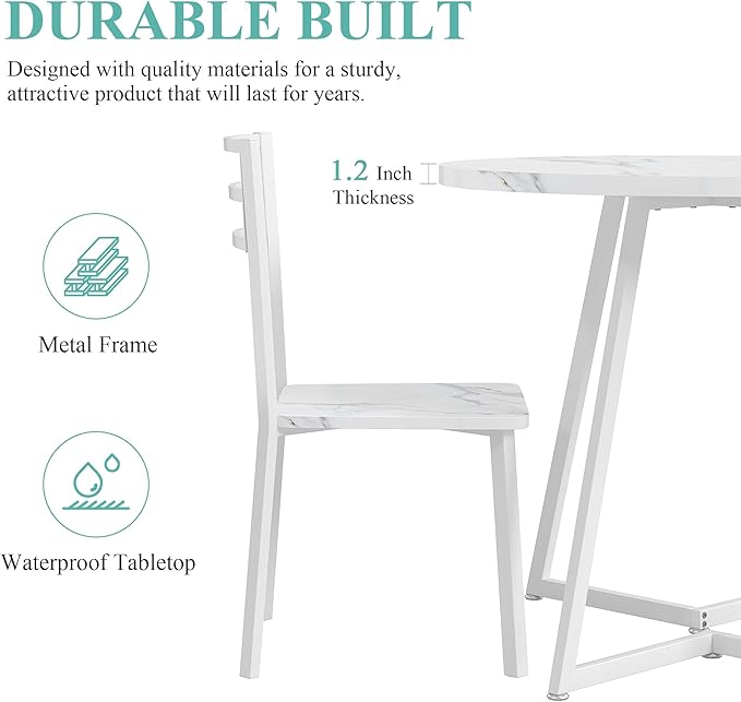 VECELO Small Round Dining Table Set for 2, Wood Tabletop with Strong Metal Frame, Modern Dinette with Chairs for Kitchen, Breakfast Nook Living Room, Faux Marbled & White