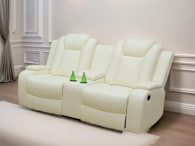 Loveseat Recliner Sofa, Reclining Loveseat Leather Couch with Storage Console, Modern Comfy Home Theater Seating Power Recliner Chair with Cup Holders for Living Room Furniture Sets, White