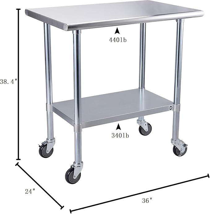 ROCKPOINT Stainless Steel Table for Prep & Work with Caster Wheels 24x36 Inches, NSF Metal Commercial Kitchen Heavy Duty Table with Adjustable Under Shelf and Table Foot for Restaurant, Home and Hotel