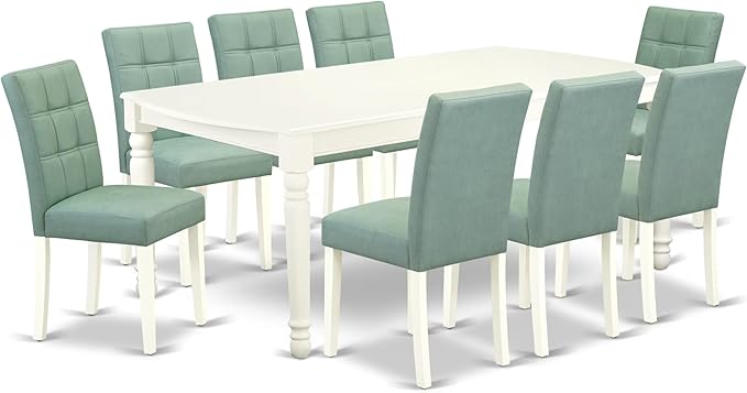 East West Furniture DOAS9-LWH-43 9 Piece Mid Century Modern Dining Table Set Consists A Wooden Dining Table and 8 Willow Green Polyester Fabric Upholstered Chairs, Linen White