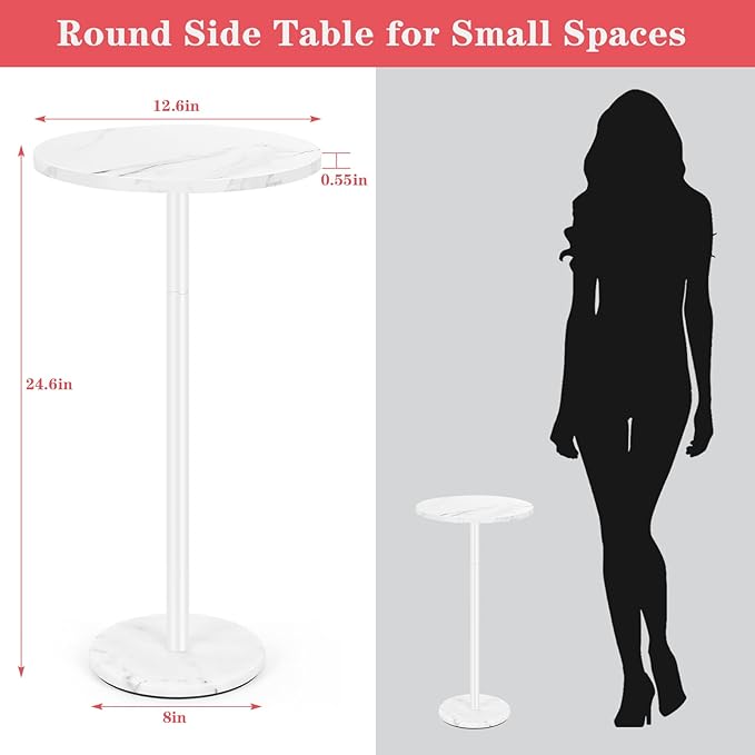 White Round Side Table Small End Table Set of 2 Modern Accent Table Pedestal Drink Table with Marble Base for Small Spaces Living Room Bedroom Outdoor