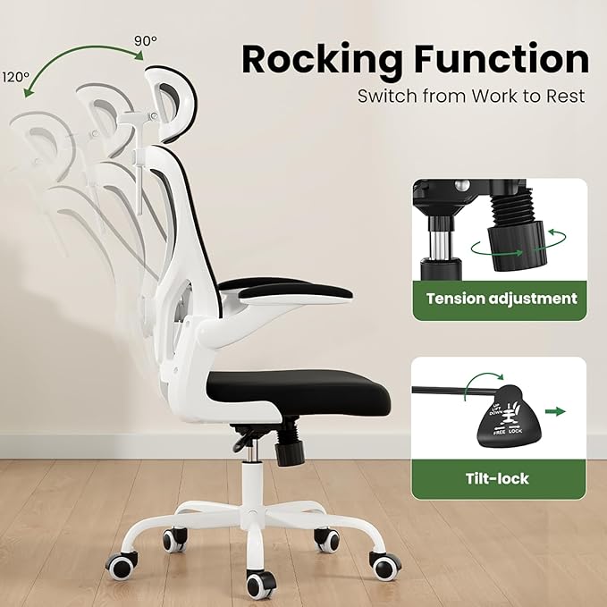 Ergonomic Office Chair, Comfy Home Office Chair High Back Computer Chair with Headrest, Adjustable Back Support, Flip-Up Arms, 90-120° Tilt and Wide Cushion, Up to 300lbs, Black+White