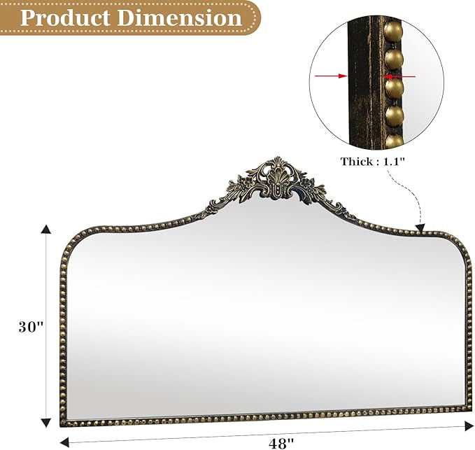 G-LEAF Vintage Baroque Mirror 48"X30", Victorian Antique Mirror with Black Brush Gold Ornate Metal Frame for Fireplace Entryway Living Room Hallway Bathroom