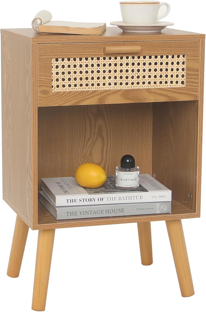 Mid Century Modern Nightstand, Rattan Bedside Table with Drawer and Open Shelf, Wood Nightstand Modern Side Table for Living Room, Bedroom and Small Space, Brown