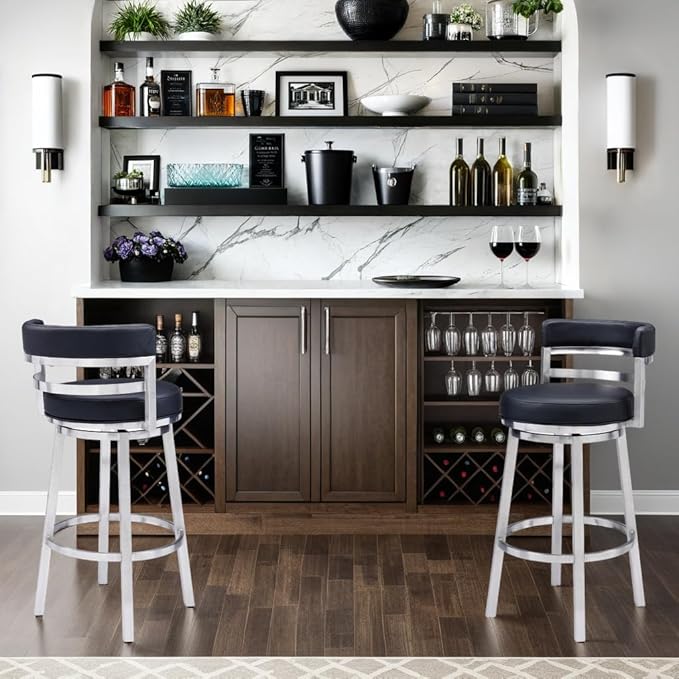 Armen Living Madrid 30" Seat Height Swivel Modern Black Faux Leather and Brushed Stainless Steel Bar Stool for Kitchen Island Counter