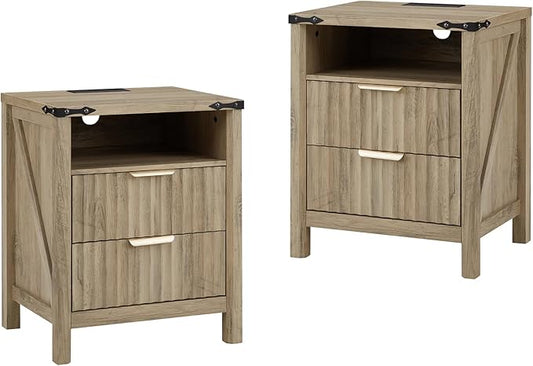 Fluted Nightstand with Charging Station Set of 2-20 Inch Wide Farmhouse Bedside Table with 2 Drawers, Modern Wood End Side Table for Bedroom Study Storage Sunwashed Ash Oak