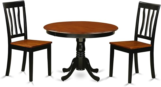East West Furniture HLAN3-BCH-W 3 Piece Dining Table Set for Small Spaces Contains a Round Dining Room Table with Pedestal and 2 Wood Seat Chairs, 42x42 Inch, Black & Cherry