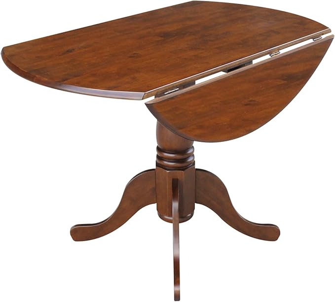 IC International Concepts, 42" Round Dual Drop Leaf Pedestal Dining Table, Solid Wood, Real Parawood, 42" W x 42" D x 29.5" H, Easy Assembly, Espresso