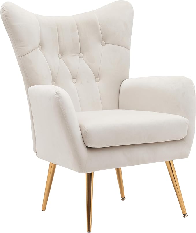 Container Furniture Direct Modern Chic Mid-Century Velvet Accent Armchair for Living Room, Bedroom, or Home Office, Button-Tufted Wingback Design with Gold Flared Legs, Ivory