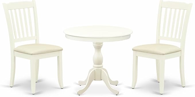 East West Furniture AMDA3-LWH-C 3 Piece Dining Table Set for Small Spaces Contains a Round Kitchen Table with Pedestal and 2 Linen Fabric Upholstered Chairs, 36x36 Inch, Linen White