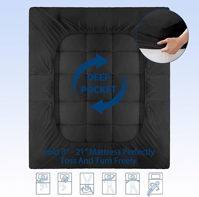 ELEMUSE California King Black Cooling Bamboo Viscose Mattress Topper for Back Pain, Extra Thick Mattress Pad Cover, Plush Soft Pillowtop with Elastic Deep Pocket, Overfilled Down Alternative Filling
