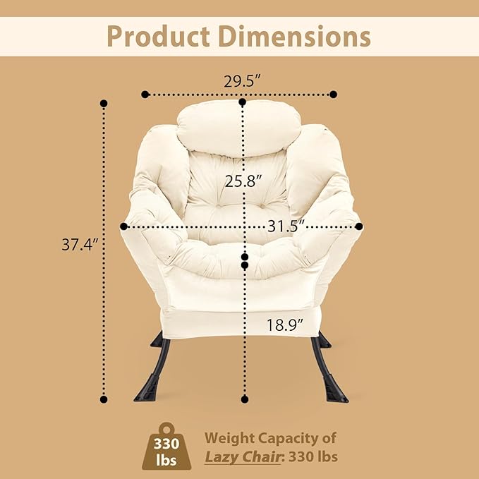 Lazy Chair Thick Padded, Comfy Velvet Accent Lounge Chair with Stable Frame, Leisure Sofa Armchair with Armrests and Side Pocket, Reading Chair for Bedroom, Living Room, Office, Beige