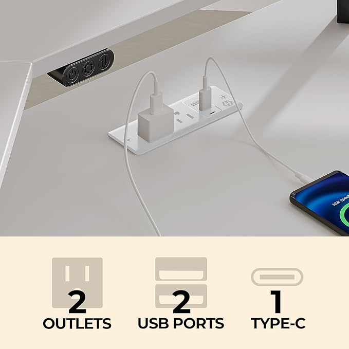 Rolanstar L Shaped Gaming Desk with LED Lights & Power Outlets, 53" Computer Desk with Full Monitor Stand & Storage Shelf, Corner Desk with Hooks, White Desk Reversible