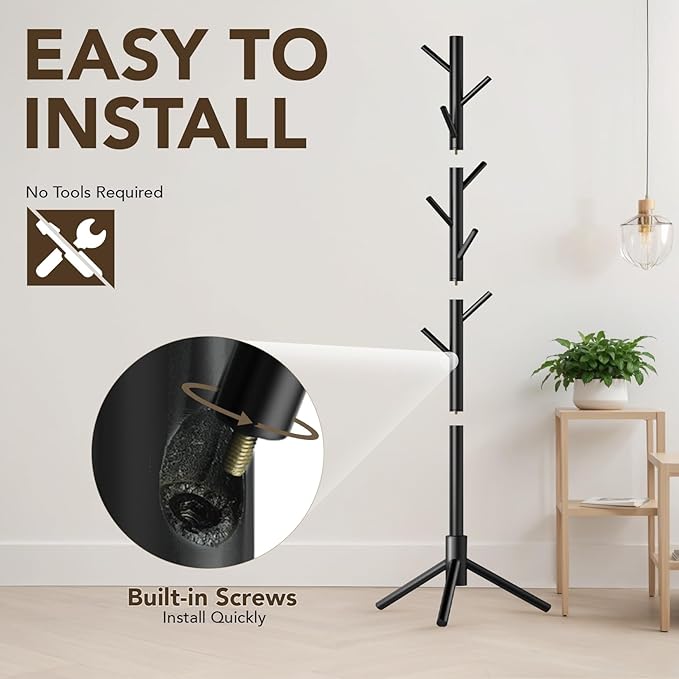 Wooden Tree Coat Rack Stand,Sturdy Freestanding Coat Rack with 8 Hooks,3 Adjustable Height for Child Adult,Wood Coat Stand Tree Fits Entryway Bedroom Office for Bags,Hats, 2 Pack