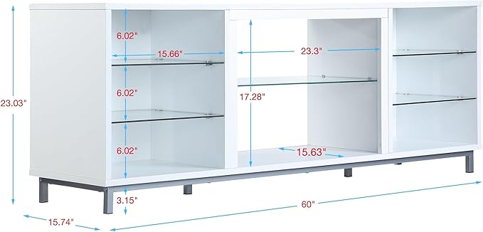 Manhattan Comfort Brighton 60" TV 7 Shelves, Tempered Glass Dividers and Media Wire Management, Modern Free-Standing Entertainment Center for Living Room, Fits up to 56" Television, OneSize, White