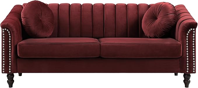 Sectional Sofa Set, Microfiber Chesterfield Upholstered Sofas Loveseat Couch Chair Sets with Style Button Tufted, Scroll Arms and Nailhead for Living Room, Office, Apartment-Red,S