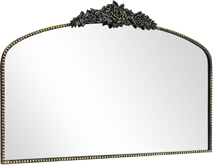 Antique Arched Black Mirror 48"x30", Traditional Victorian Vintage Mantel Mirrors with Ornate Metal Frame, Baroque Mirrors for Fireplace/Entryway/Dining Room/Living Room/Bathroom