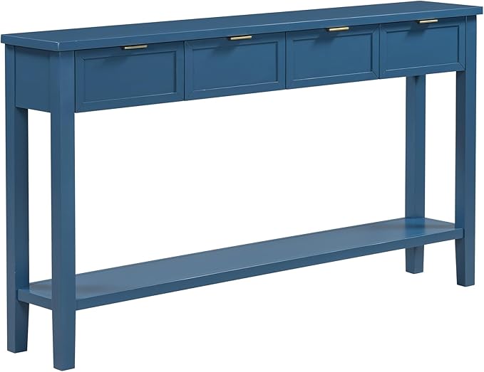 Ball & Cast 60“ Contemporary 4 Drawers Console Table, Long Narrow Entryway-Table with Drawer & Shelf, Modern Storage Sofa Tables, Farmhouse Wood Couch-Tables for Entrance Hallway Living,Blue