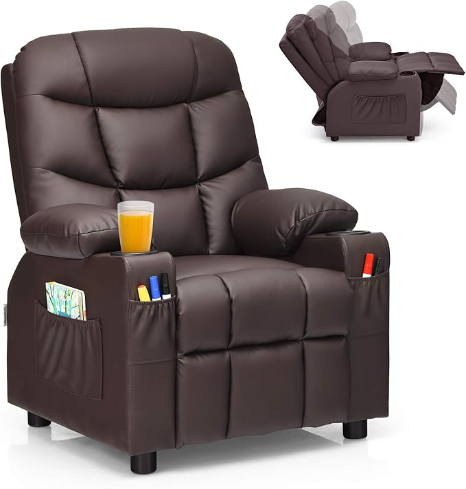 Costzon Kids Recliner Chair with Cup Holder, Adjustable Leather Lounge Chair w/Footrest & Side Pockets for Children Boys Girls Room, Ergonomic Toddler Furniture Sofa, Kids Recliner (Brown)