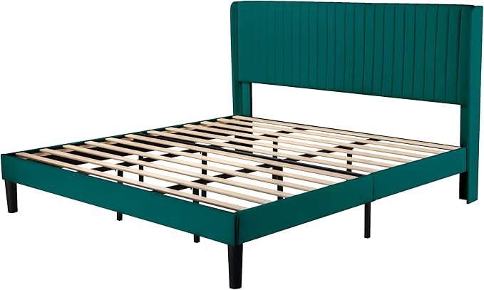 Allewie King Size Bed Frame/Velvet Upholstered Platform Bed/Vertical Channel Tufted Wingback Headboard/Strong Wooden Slats/No Box Spring Needed/Easy Assembly/Teal
