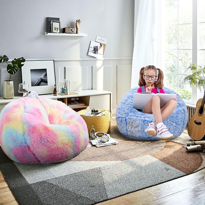 Fluffy Bean Bag Chair, 3FT Round Memory Foam Filled Bean Bag for Teens & Kids, Ultra Soft Faux Fur Fabric Bean Bag Chairs for Playroom, Living Room, Bedroom, Blue
