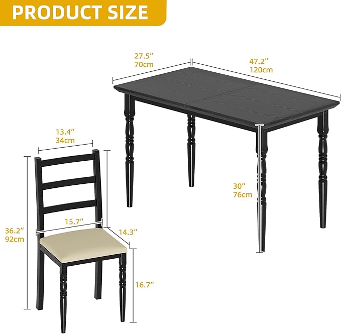 DWVO 5-Piece Dining Table Set for 4, Kitchen Dining Room Table with Upholstered Chairs, Faux Leather Cushions, Modern Rectangular Dinner Table Set for Small Spaces & Apartment, Black