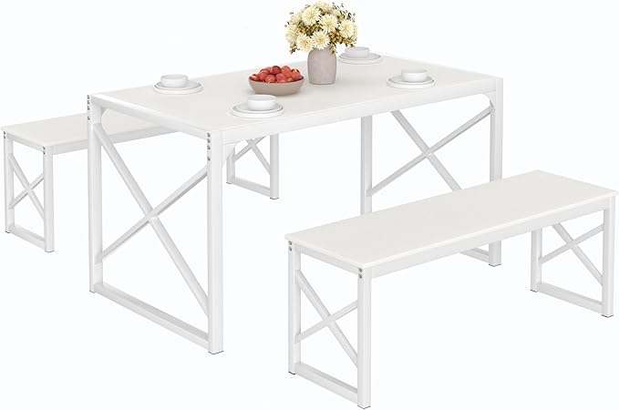 VECELO Kitchen Dining Table Set for 4, 55" Wood Rectangle Dinette with 2 Benches, Heavy-Duty Metal Frame for Small Space, Breakfast Nook, White