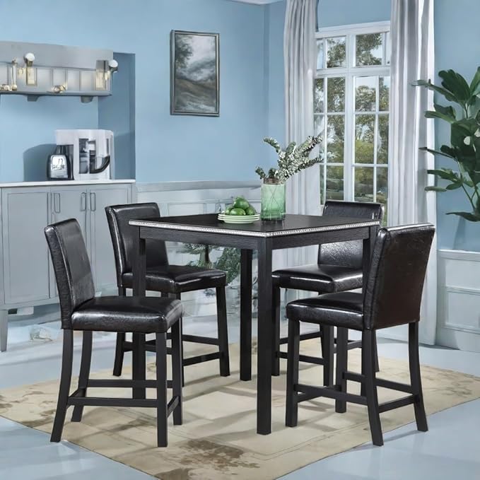 Counter Height Square Dining Table Set with 4 Upholstered Chairs - Easy to Assemble, Black