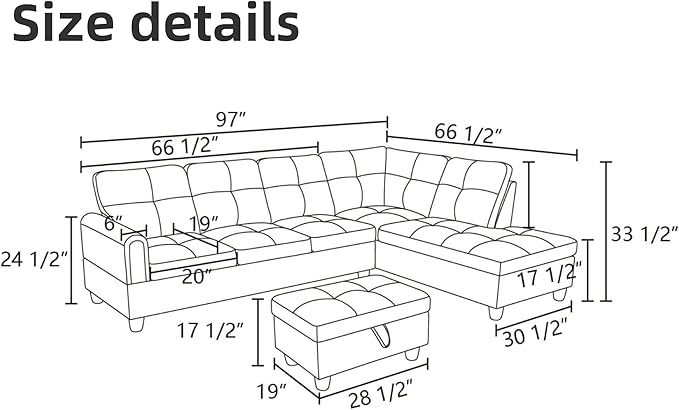 L Shaped Sectional Couches for Living Room, Modern Modular Sectional Sofa with Ottoman Storage, Comfy L Shaped Couch with Chaise for Bedroom Apartment Furniture, Beige