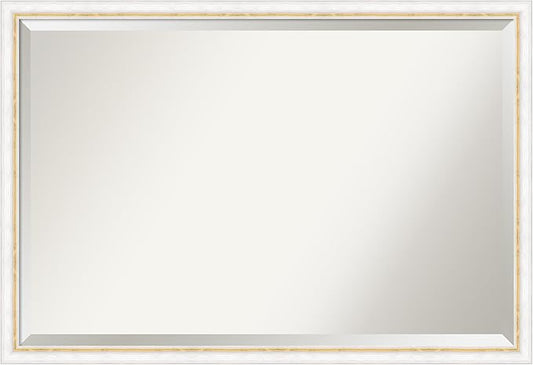 Amanti Art White Bathroom Mirror for Over Sink, 26x38 Morgan White Gold Rectangle Vanity Mirror, Large Modern Contemporary Wood Frame, Hangs Horizonally and Vertically, Bathroom Wall Decor, Beveled