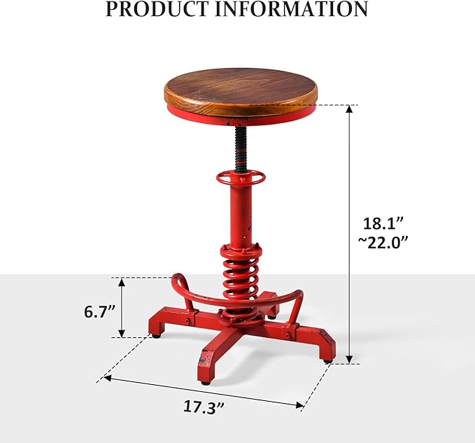 LOKKHAN American Antique Steampunk Bar Stool 24.41"-28.35" Vintage Industrial Adjustable Swivel Backless Counter Stool for Home, Dining, Breakfast, Pub, (Heavy Duty Metal & Wood, Aged Red, Brown Top)