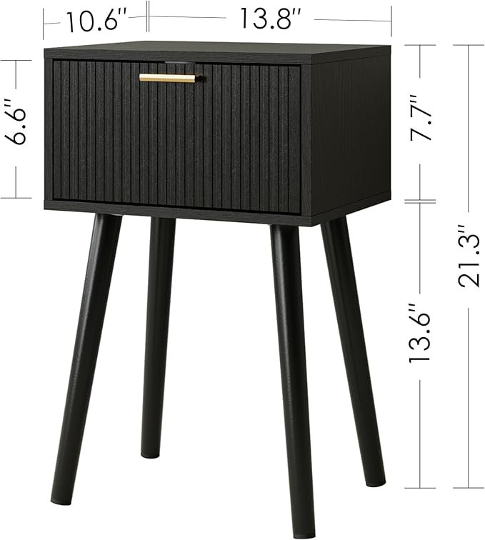 Night Stand Set 2, Black Nightstand with Fluted Doors, Small Modern Mid-Century Bedside Table for Bedroom, End Table for Living Room