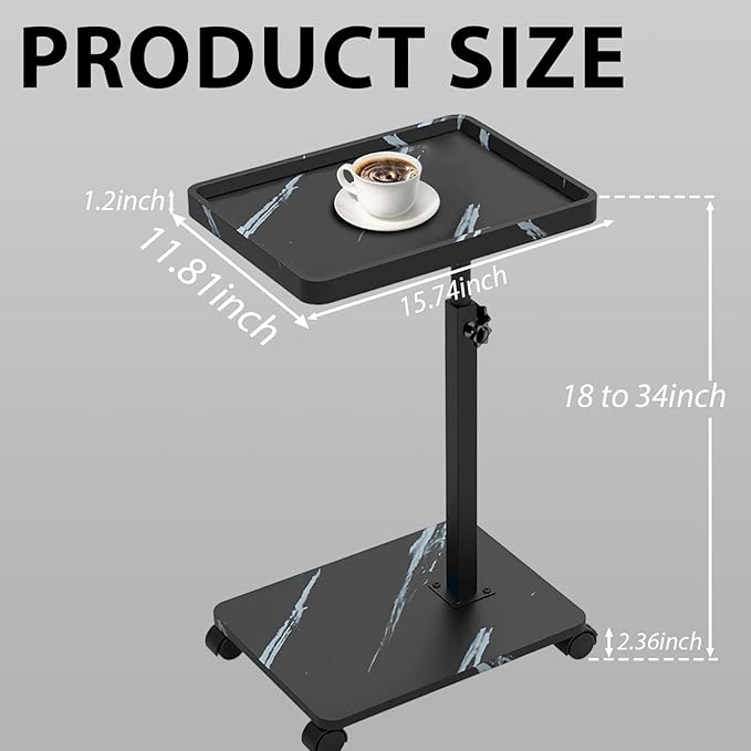 Simcat C Table End Table Adjustable Height, C Shaped Side Table with Wheels, 360° Swivel TV Tray Table, Sofa Side Tables for Small Spaces/Living Room/Bedroom/Bathtub/Hospital