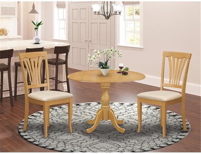 East West Furniture DMAV3-OAK-C 3 Piece Dining Room Table Set Contains a Round Dining Table with Dropleaf and 2 Linen Fabric Upholstered Chairs, 42x42 Inch, Oak