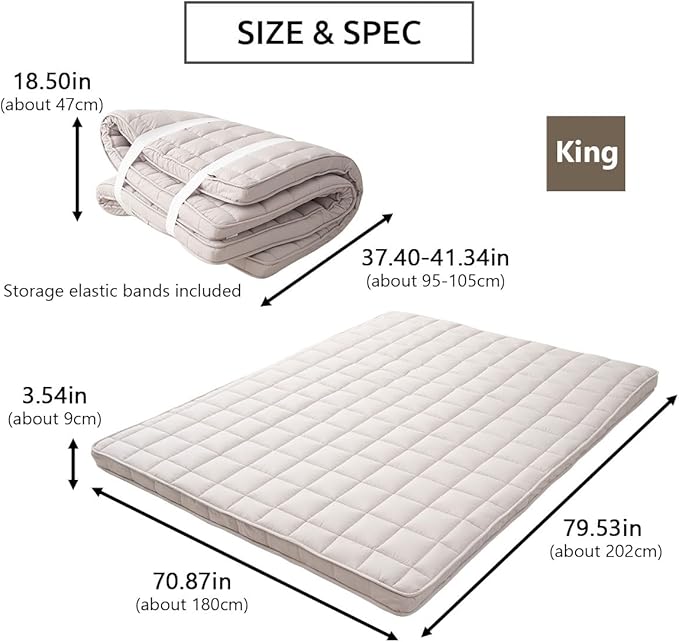 EMOOR Japanese Padded Futon Mattress Machi King Gray, Gusset Foldable Storable Elastic Bands Floor Sleeping Guest Bed Tatami Mat