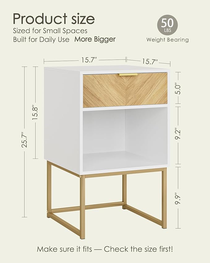 Nightstand,Modern Night Stand Boho Farmhouse Wood Bedside Table with Storage Drawer and Open Shelf,Side End Table for Bedroom,Living Room,White