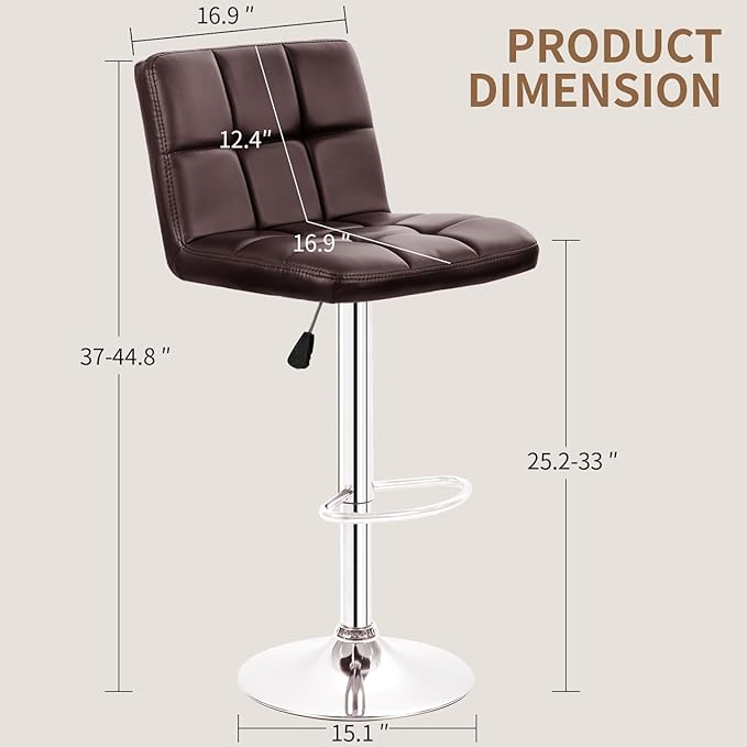 BestOffice Bar Stools Set of 2, Adjustable PU Leather Swivel Barstools, Modern Counter Stools with Back and Footrest, Counter Height Barstools for Bar, Kitchen and Dining Room