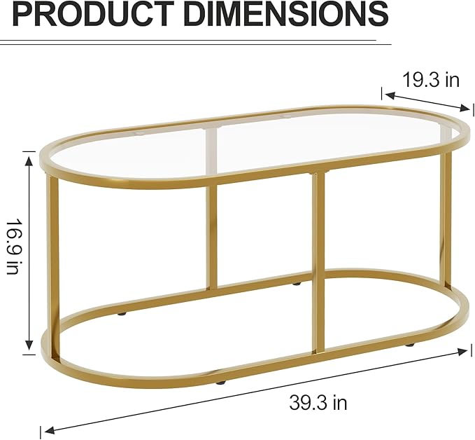 Coffee Table Gold Glass Coffee Tables for Living Room, Oval Table Center Table with Sturdy Metal Frame,Modern Tempered Glass Accent Tables for Bedroom Home Office