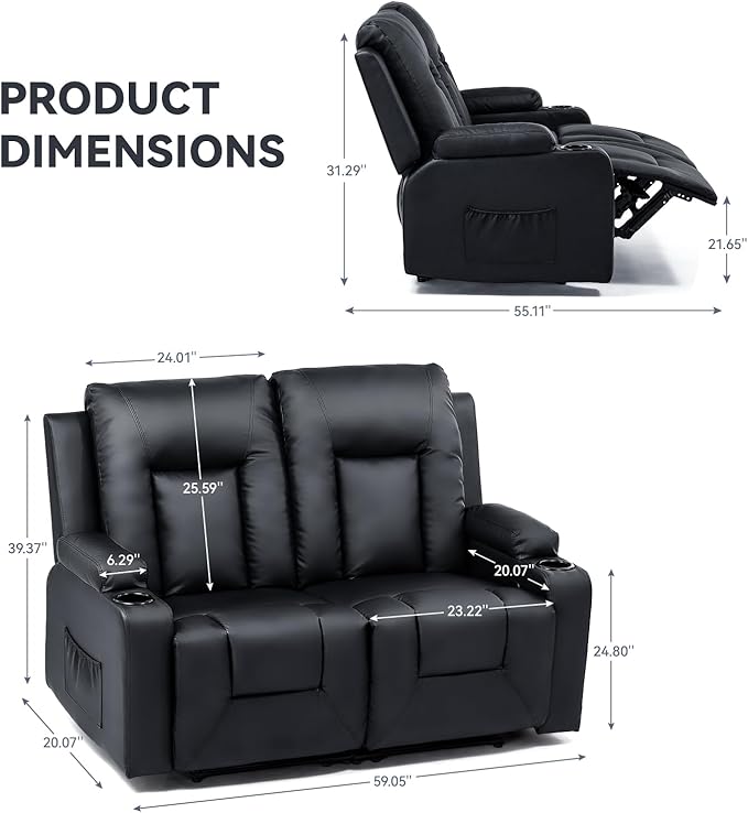 COMHOMA Living Room Furniture Set,Bonded Leather Loveseat Sofa with Cup Holder Recliner Chair,Black