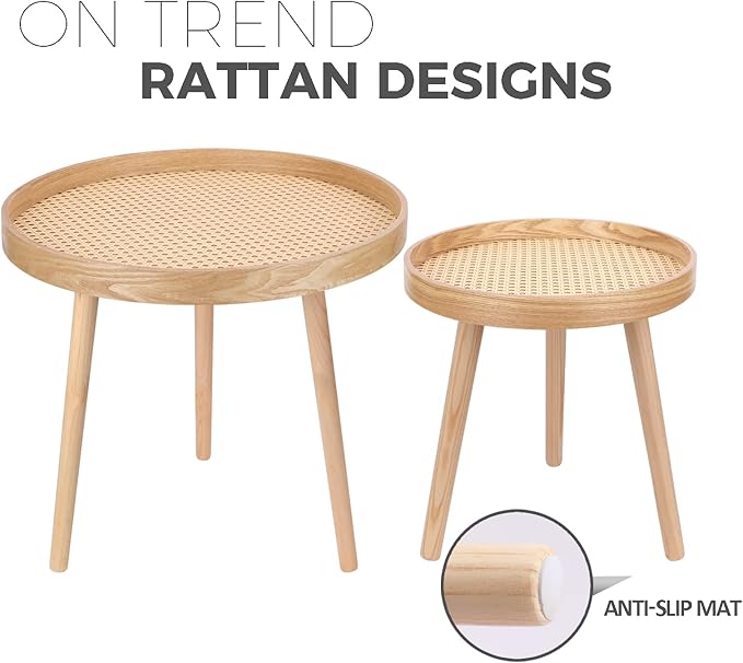 Round Coffee Table Set of 2, Natural Boho Side Table, Small Mid Century Modern Rattan End Tables for Living Room Bedroom Office