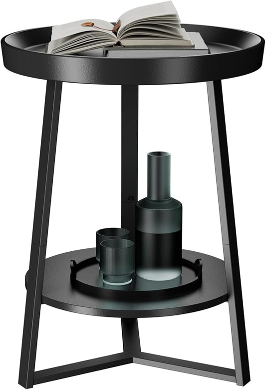 Gadroad Round End Table with Storage Shelf, 2 Tier Farmhouse Side Table Nightstand for Living Room, Bedroom, Wood Tabletop & Black Metal Frame, Black 15.7 * 15.7 * 23.0inches