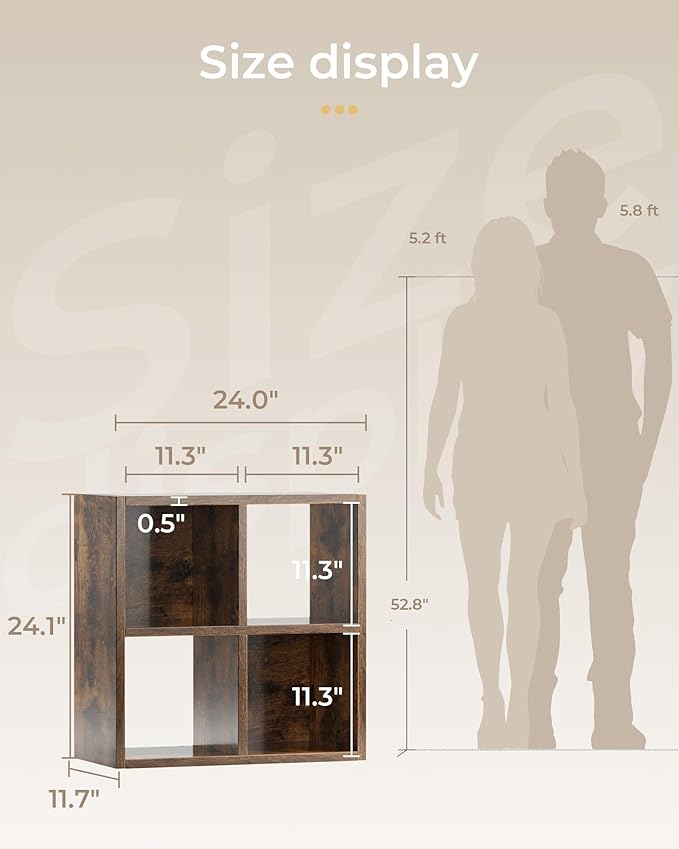 GTPLAYER 4-Cube Storage Organizer, Fits 11" Bins, Vertical or Horizontal Use, Opening Bookshelf, Partial Back Panels, Stackable Design Bookcase, for Desk, Vanity, Entryway, Rustic Brown