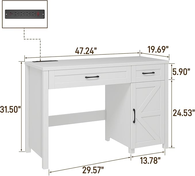 Farmhouse 47" Executive Desk, Computer Desk with Drawers and Storage Cabinet, Workstation Computer Desk for Home Office, Study.(Cream White)