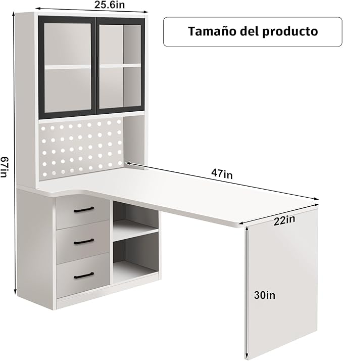 L Shaped Gaming Desk with Drawers and Cabinet Minimalist Computer Desk with 5-Tier Shelf & 3 Storage Drawers, White Office Desk for Home PC Gaming Study Table for Bedroom Small Spaces