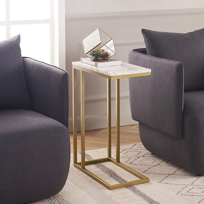 C-Shape Side End Table, Faux Marble Tray Snack Table with Metal Frame, Laptop Coffee Holder, Modern Furniture (Gold,1pcs)