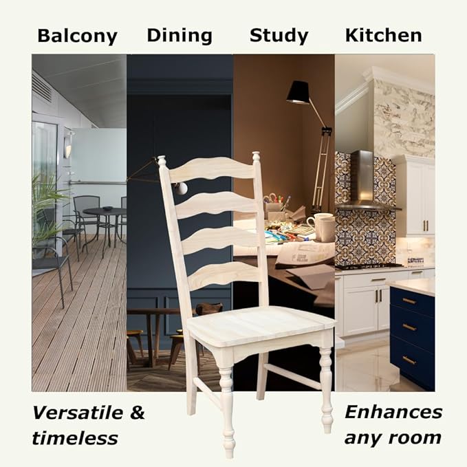 IC International Concepts Set of 2 Maine LadderBack Chairs Dining/Kitchen/Study/Balcony, Solid Wood, Parawood Construction, 20.1"W x 22.6"D x 42.1"H, Ready to Paint or Stain in Any Color, Unfinished