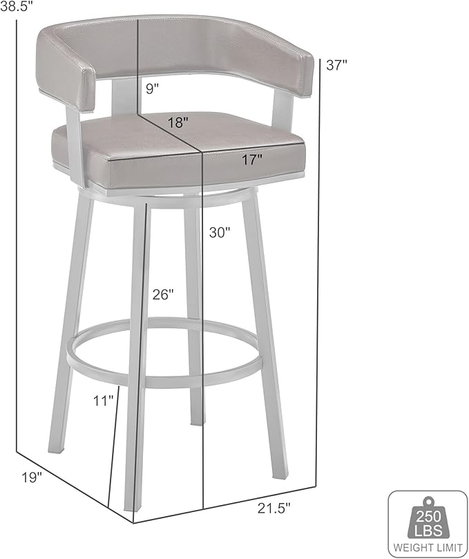Armen Living Lorin Modern 30" Seat Height White Faux Leather and Brushed Stainless Steel Metal Swivel Bar Stool for Kitchen Island Counter