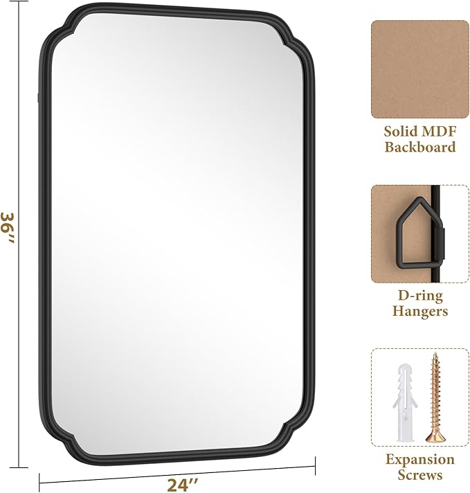 Black Bathroom Vanity Mirrors for Over Sink 24" x 36" Modern Rounded Corner Rectangle Mirror with Non-Rusting Iron Metal Framed Wall Mounted Decorative Mirror (Horizontal/Vertical)