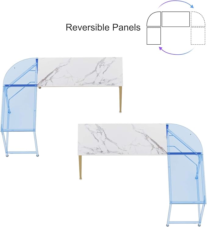 Teraves Reversible L Shaped Desk White - 66.1" Corner Gaming Computer Desk, Office Workstation Modern Home Study Writing Table, Marble Gold