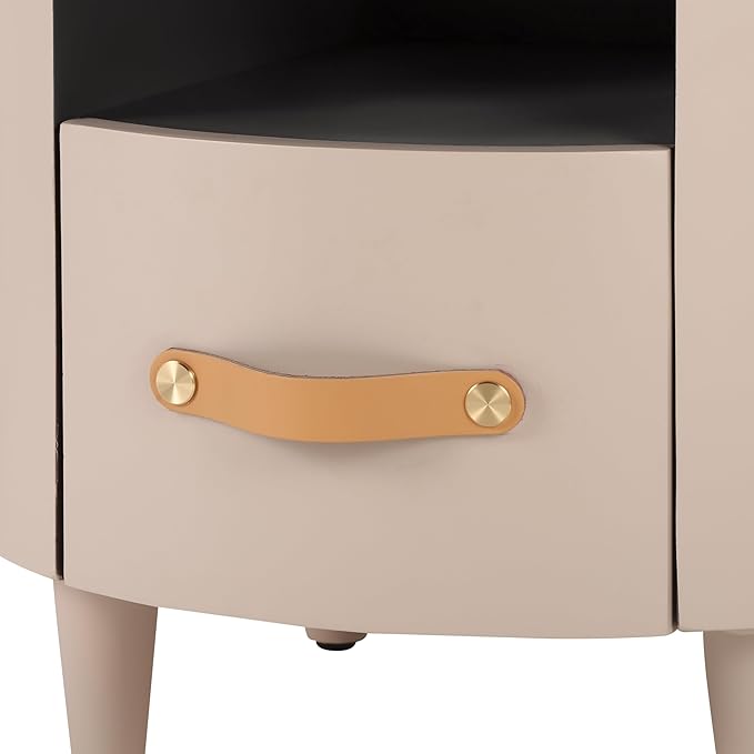 Merax Round Nightstand with Storage Drawer, MDF Contemporary Modern Bedside Table with Open Storage Shelf, Curved Design Sofa End Table for Bedroom & Living Room, Easy Assembly, Khaki